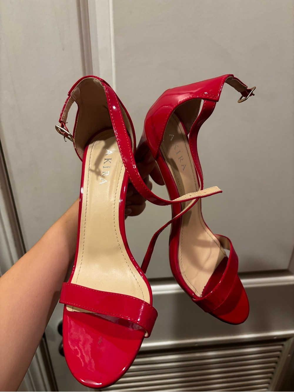 AKIRA Patent Red Open-Toe Ankle-Strap Heels
